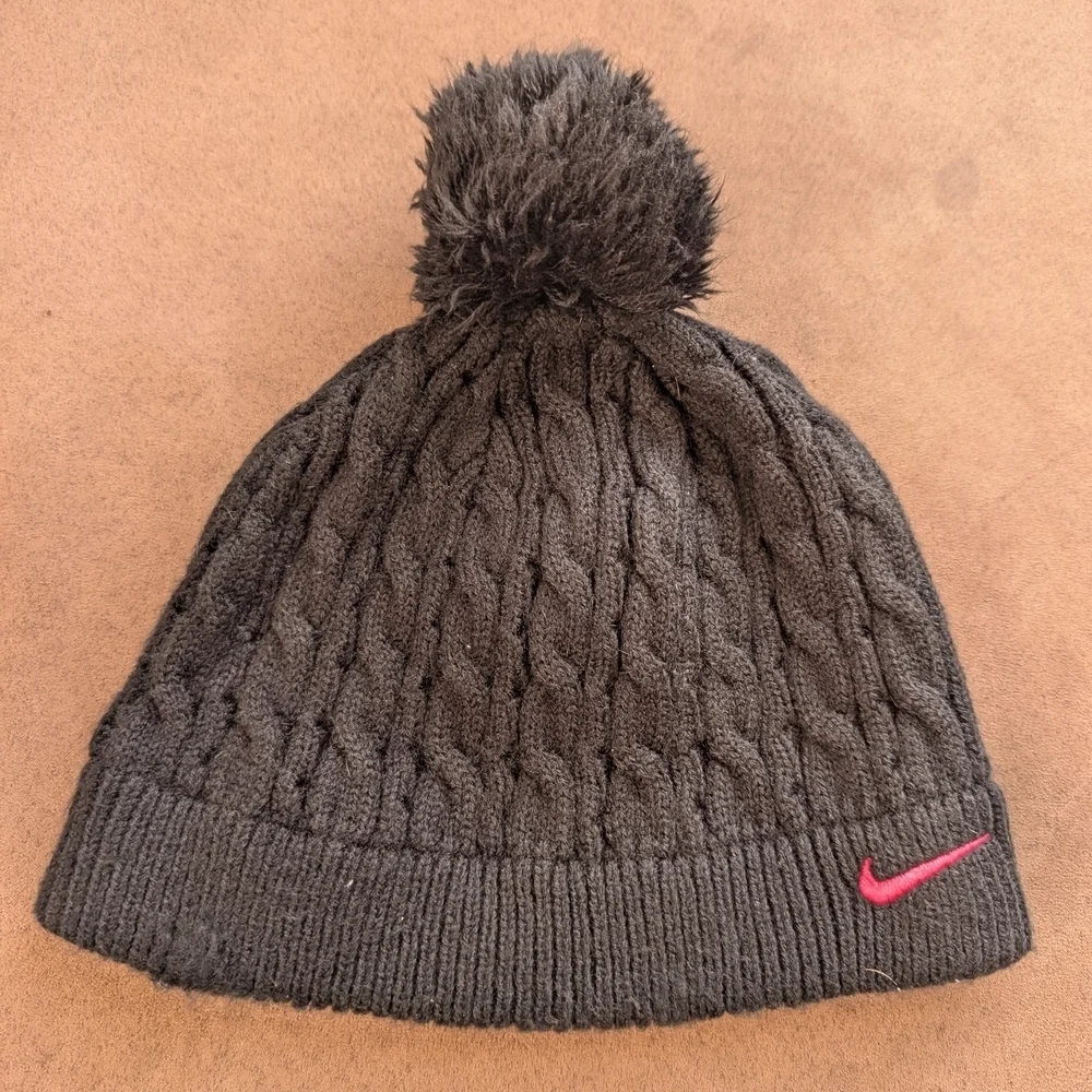 Nike Black Knit Beanie with Pink Logo